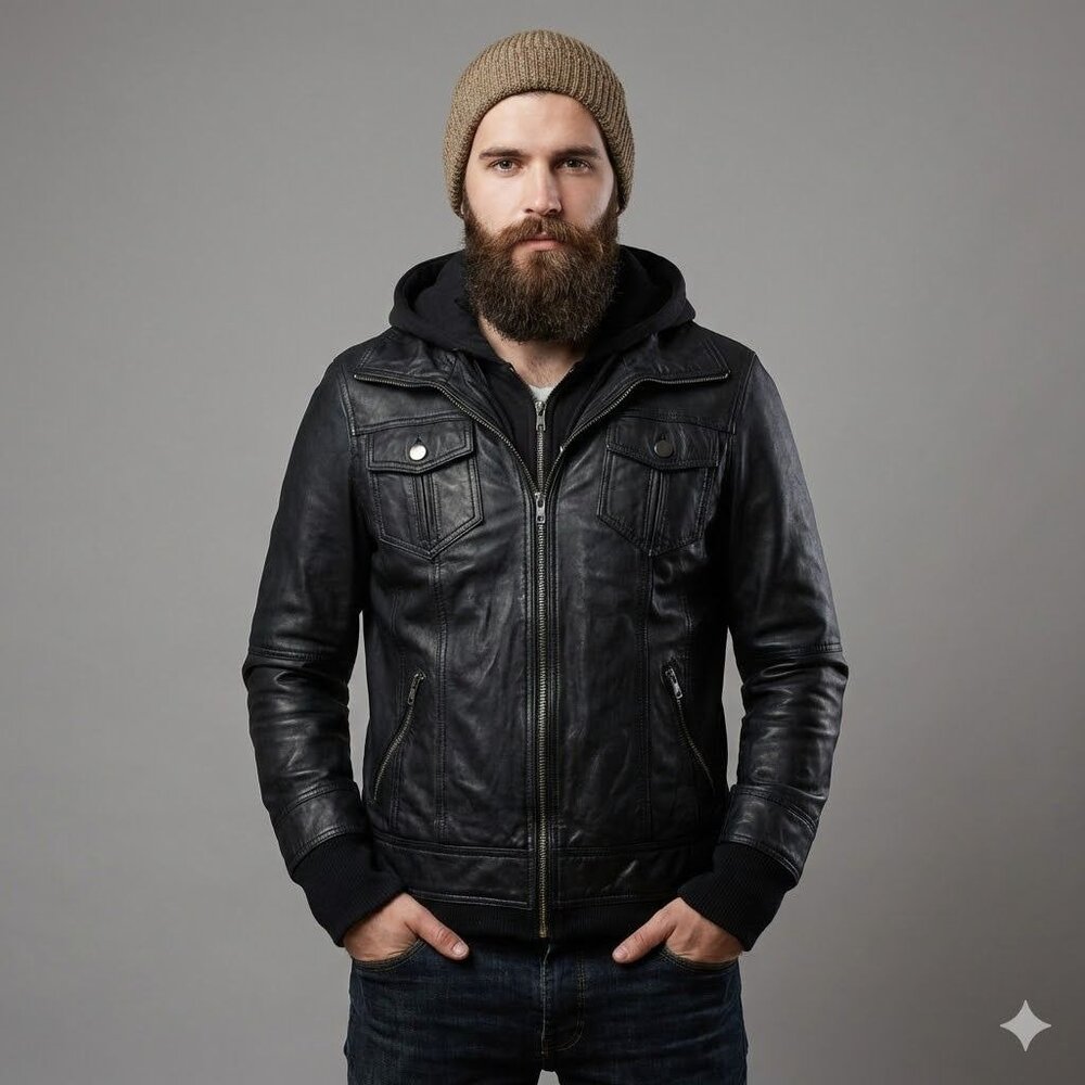 Real Leather Mens S Slim Fit Full Zip Moto Biker Jacket W/ Detachable Hood Black
